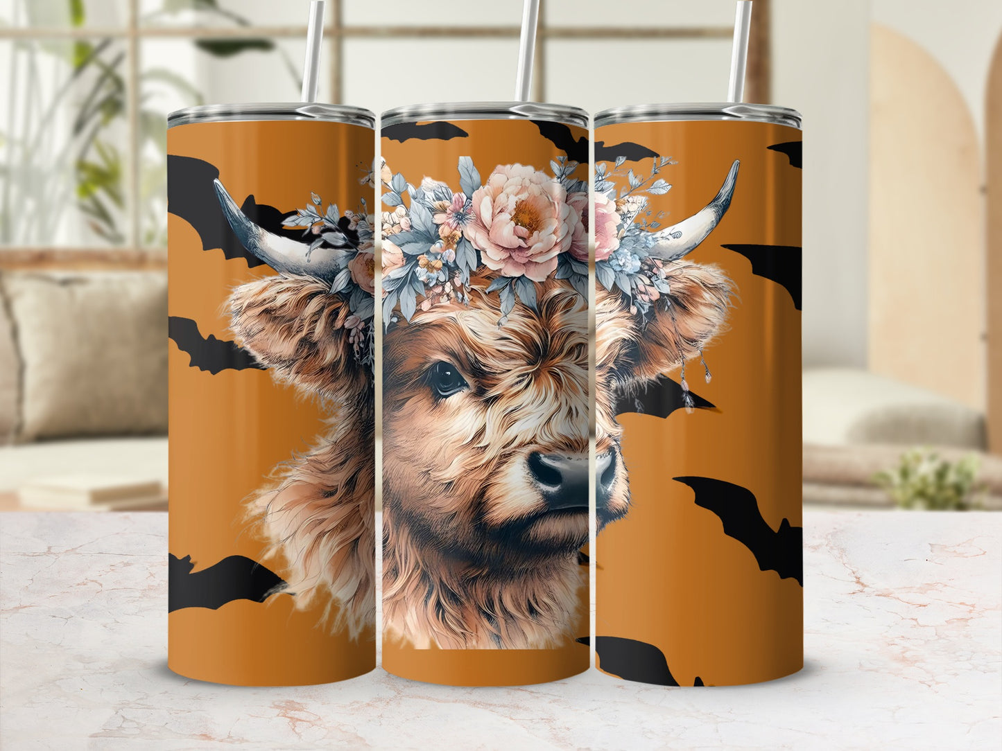 Highland Cow with Floral Crown and Bats Tumbler