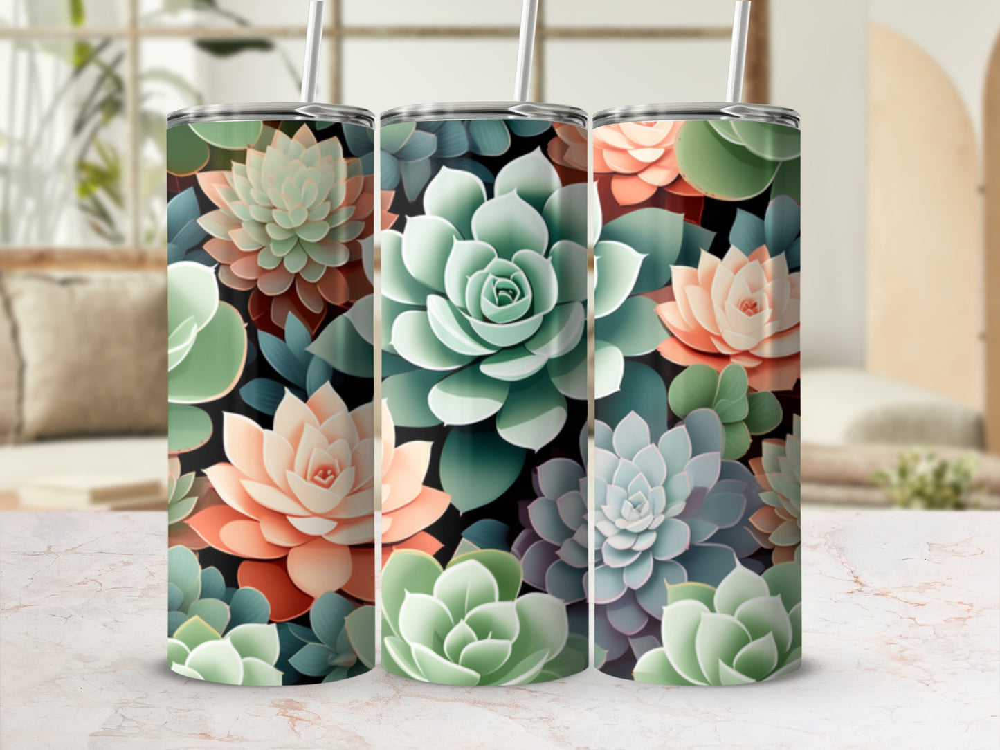 Three tumblers with a succulent floral pattern, featuring various pastel colors.