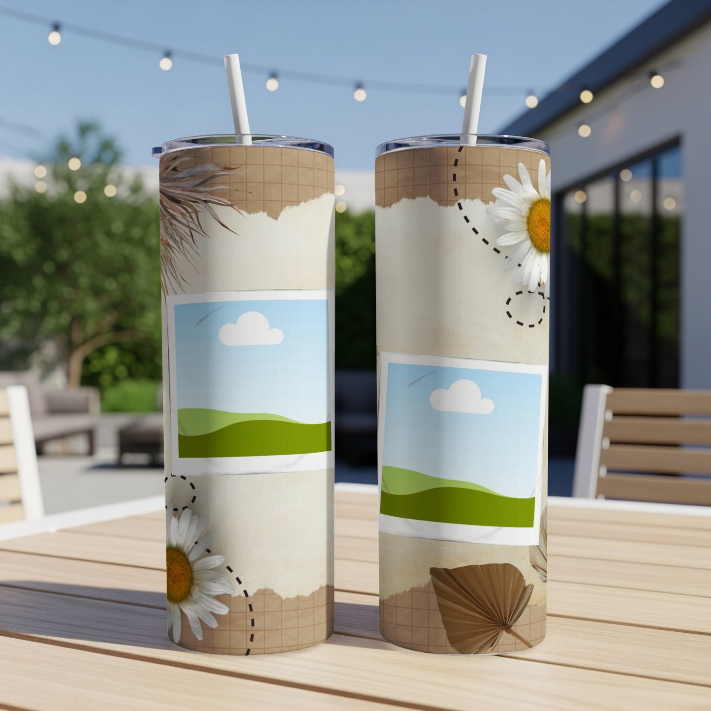 Two tumblers with ripped paper, daisy, and landscape photo collage designs.
