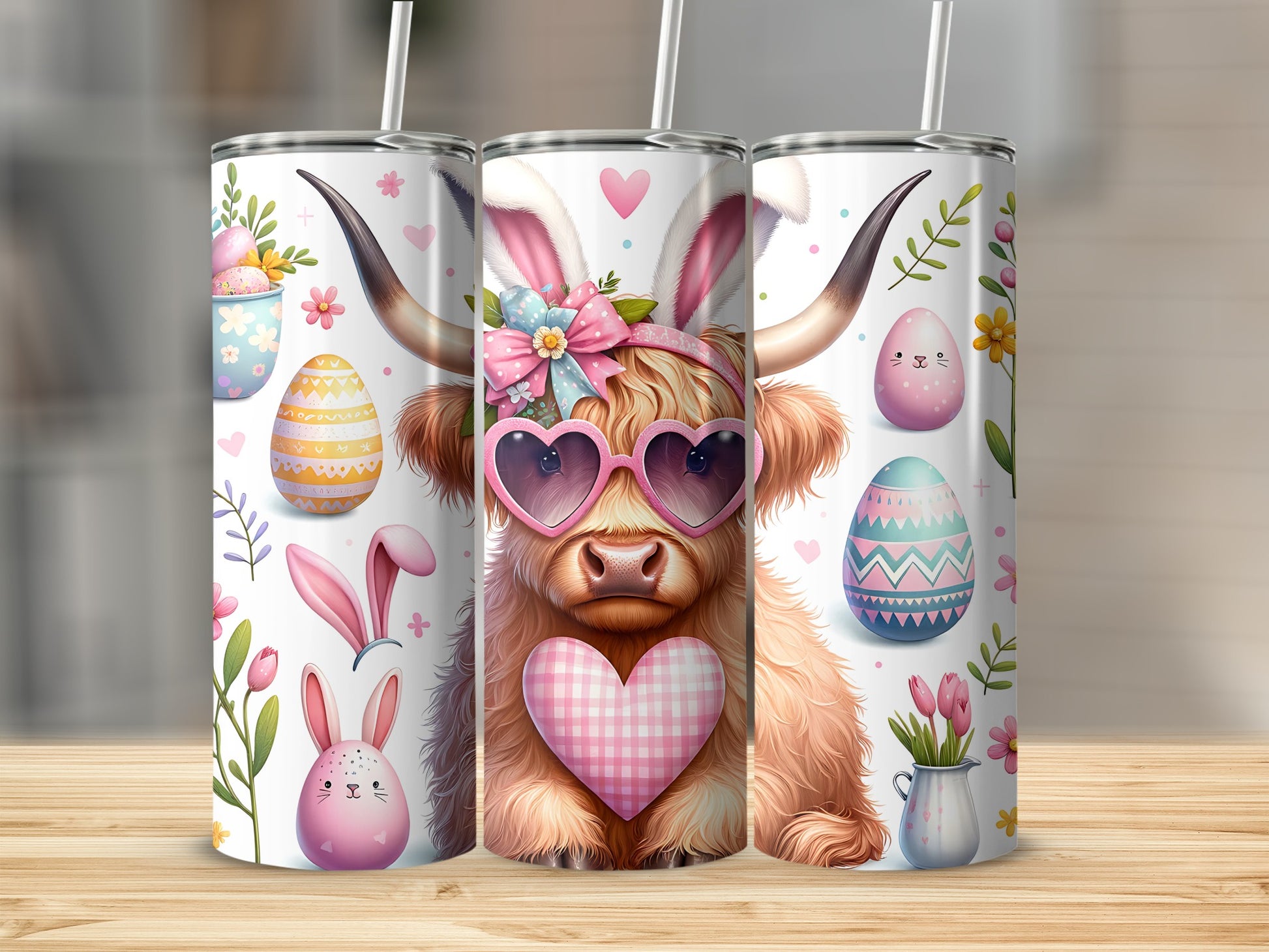 Highland cow with bunny ears and heart sunglasses, surrounded by Easter eggs and flowers.