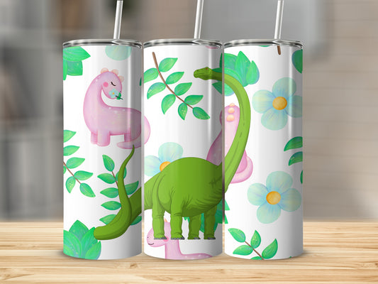 Cute Dinosaur and Floral Design Insulated Tumbler