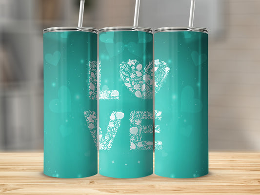 Teal Tumbler with Love and Heart Graphics Design