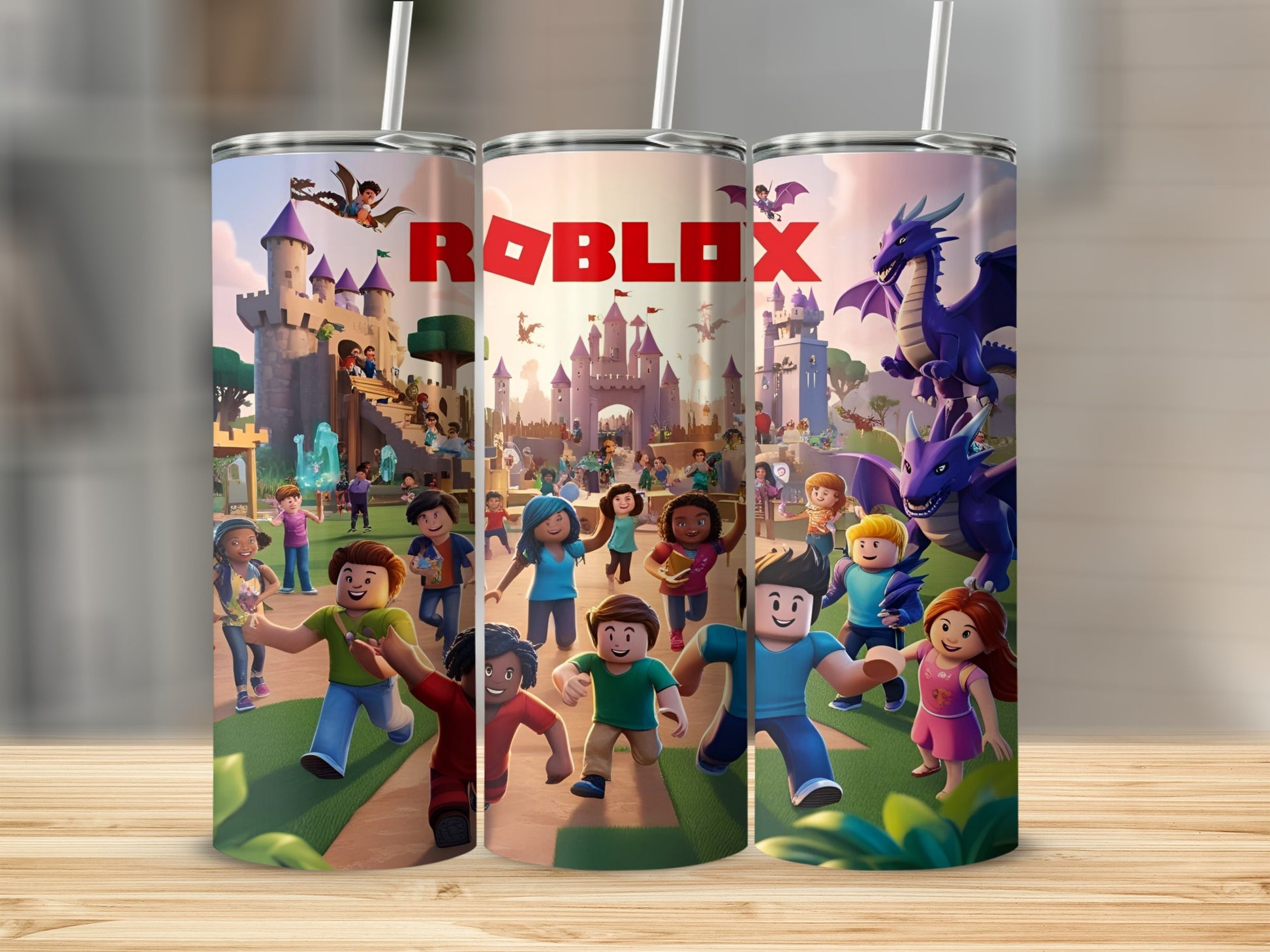 Roblox characters in front of a castle with a dragon.