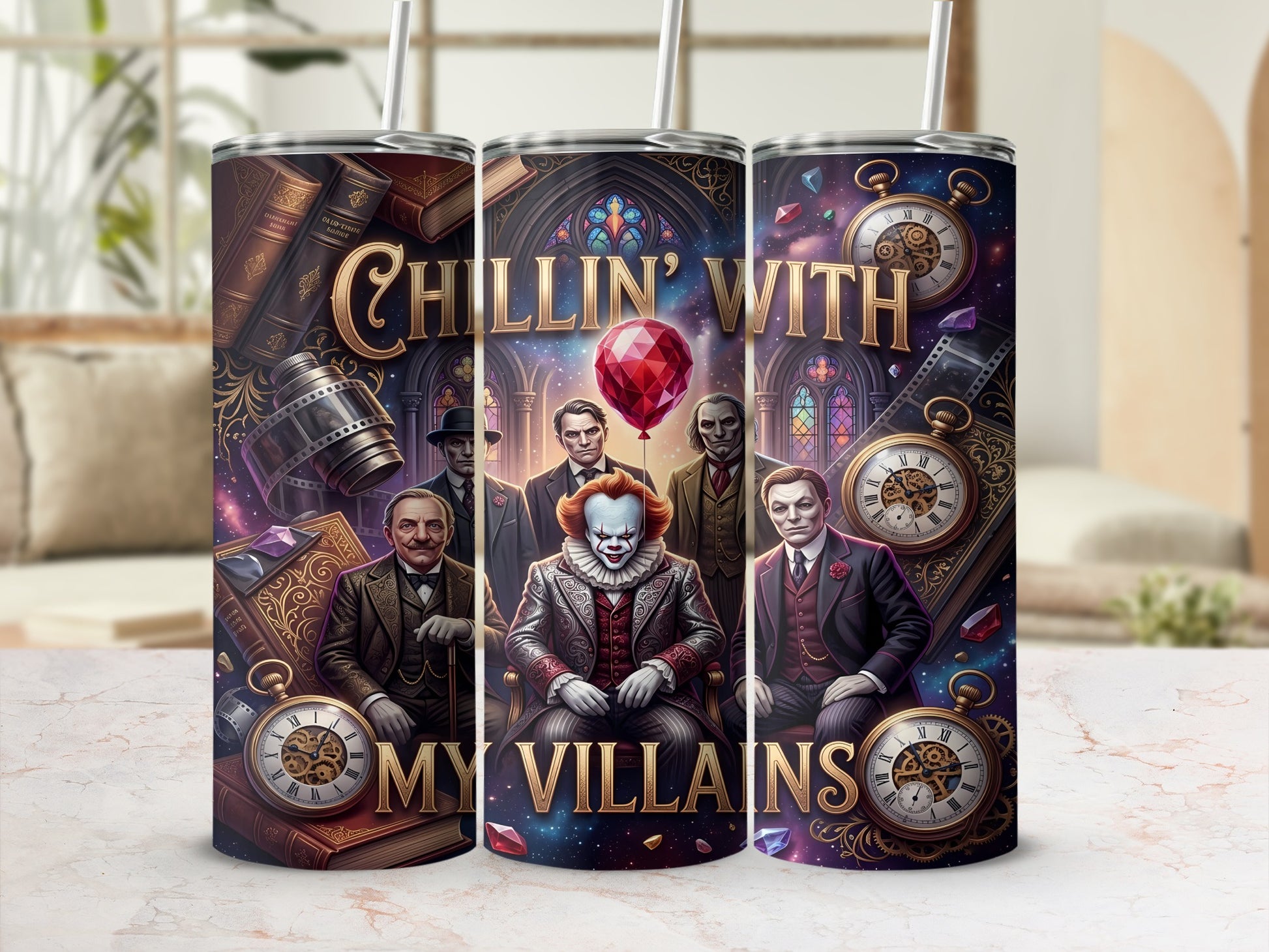 Tumbler art with "Chillin' With My Villains" and characters including Pennywise.
