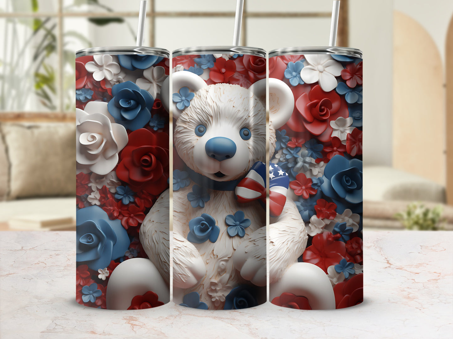 Teddy bear with flowers, holding American flag, on a tumbler.
