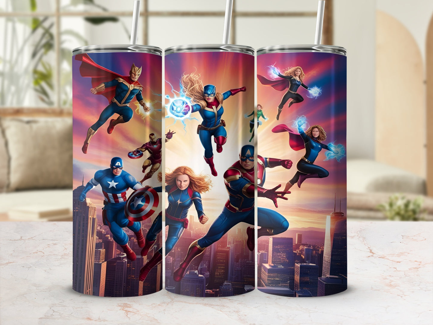 Three superhero tumblers with Captain Marvel, Captain America, and Iron Man in a city skyline.