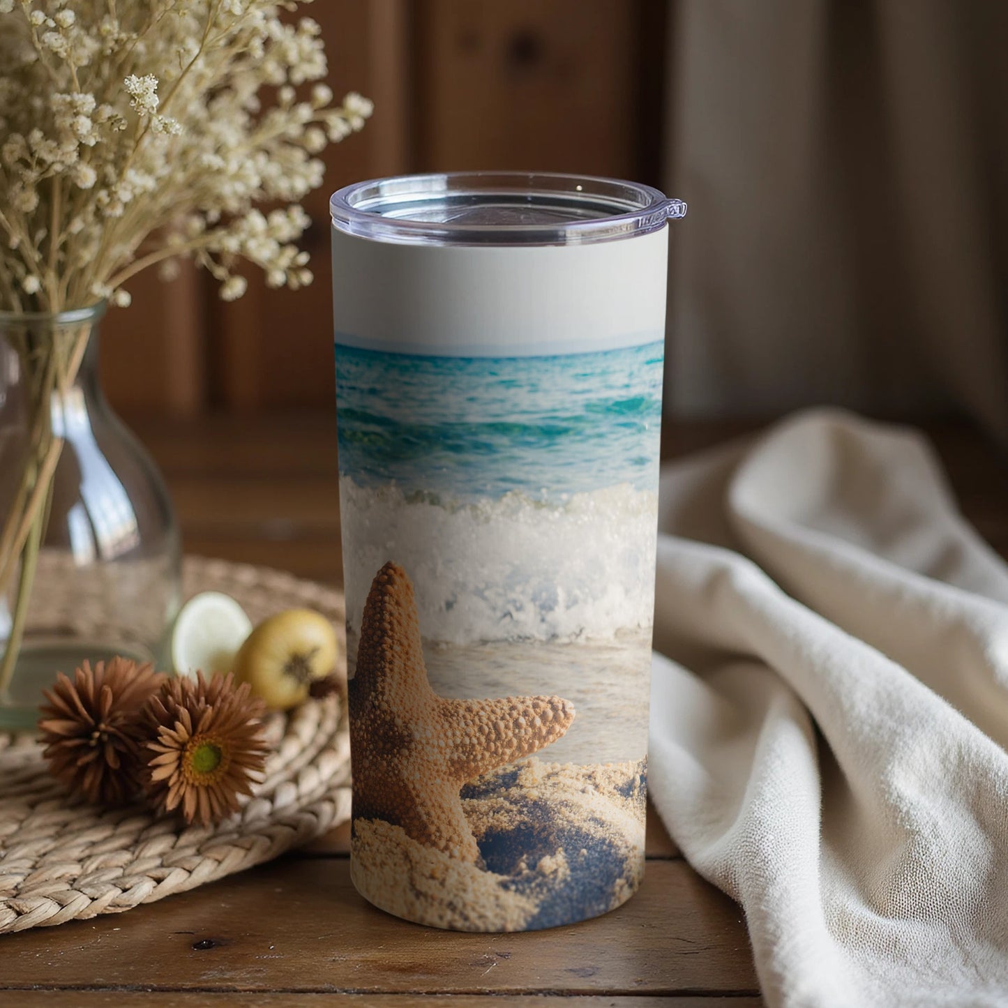 Serene Starfish Beach Scene Travel Tumbler