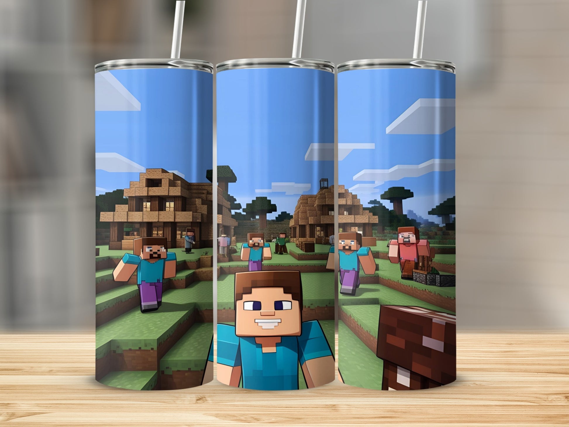 Minecraft characters running through a pixelated village landscape.