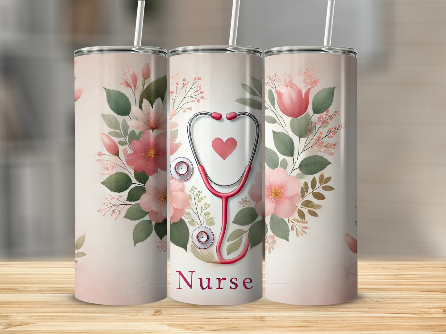 Pink and red floral tumbler with stethoscope and "Nurse" text.