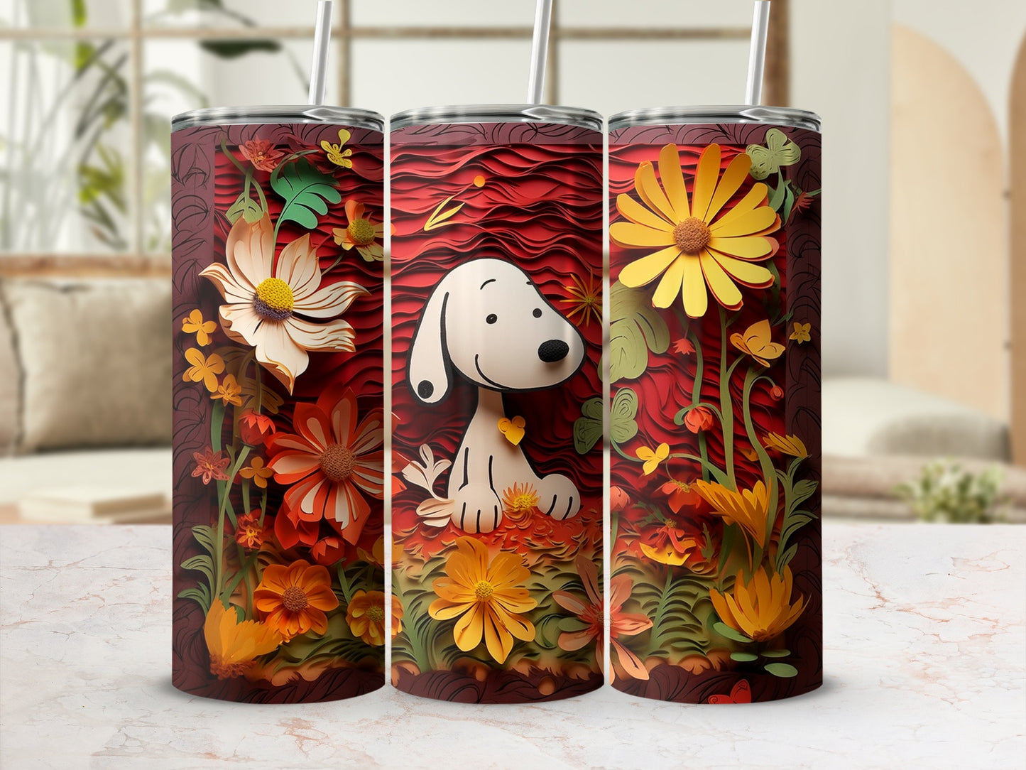 Adorable Dog And Colorful Floral Design Tumbler