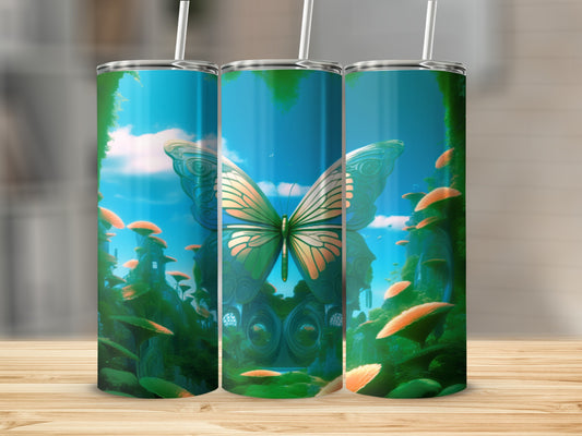 Green butterfly with orange accents above fantasy landscape on three tumblers.