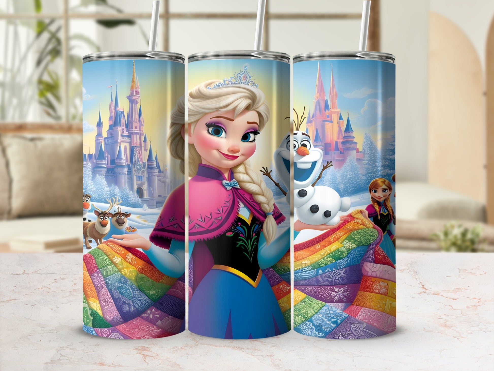 Elsa and Olaf from Frozen with a rainbow blanket, castle in background.