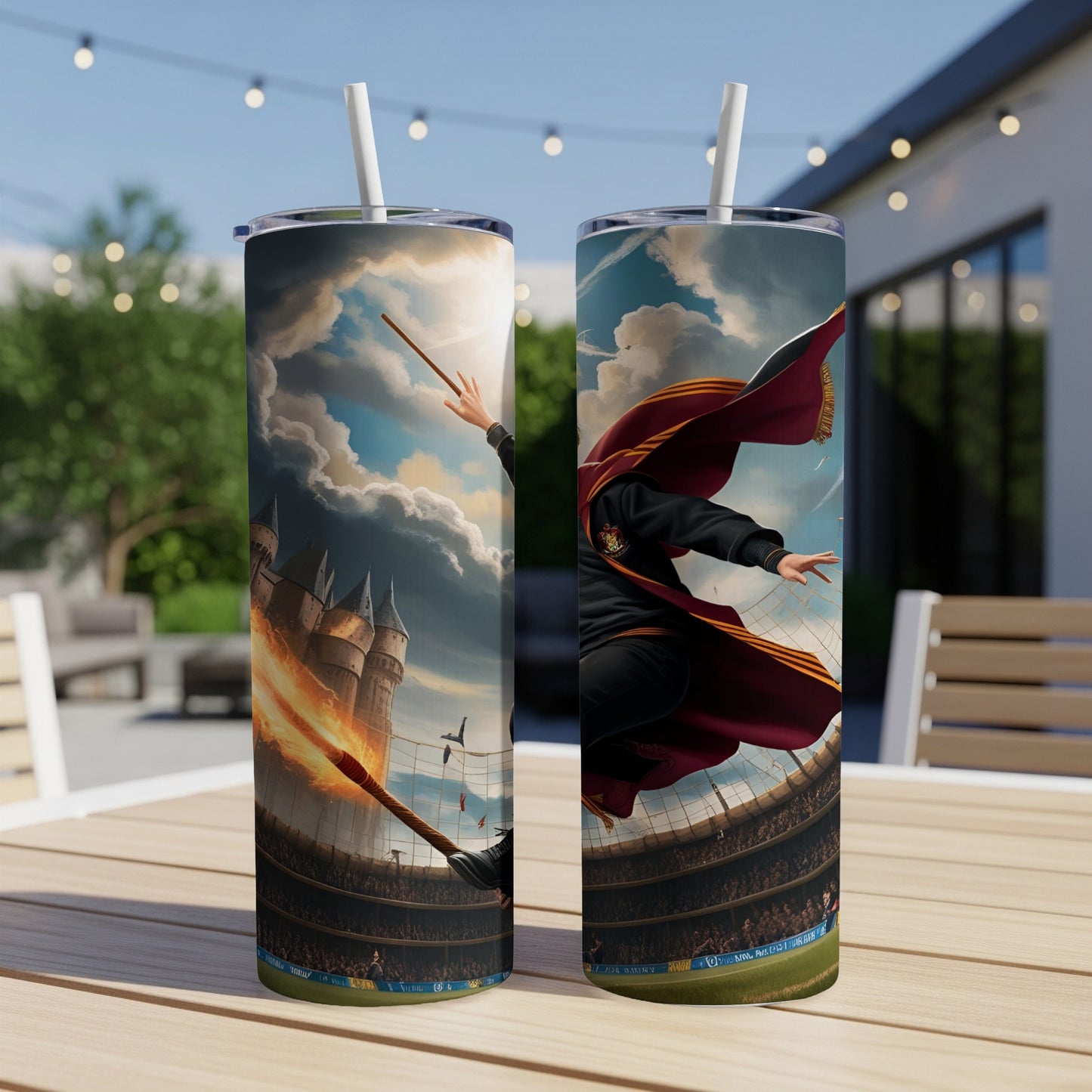 Two Harry Potter tumblers with a castle and wizard on stadium background.