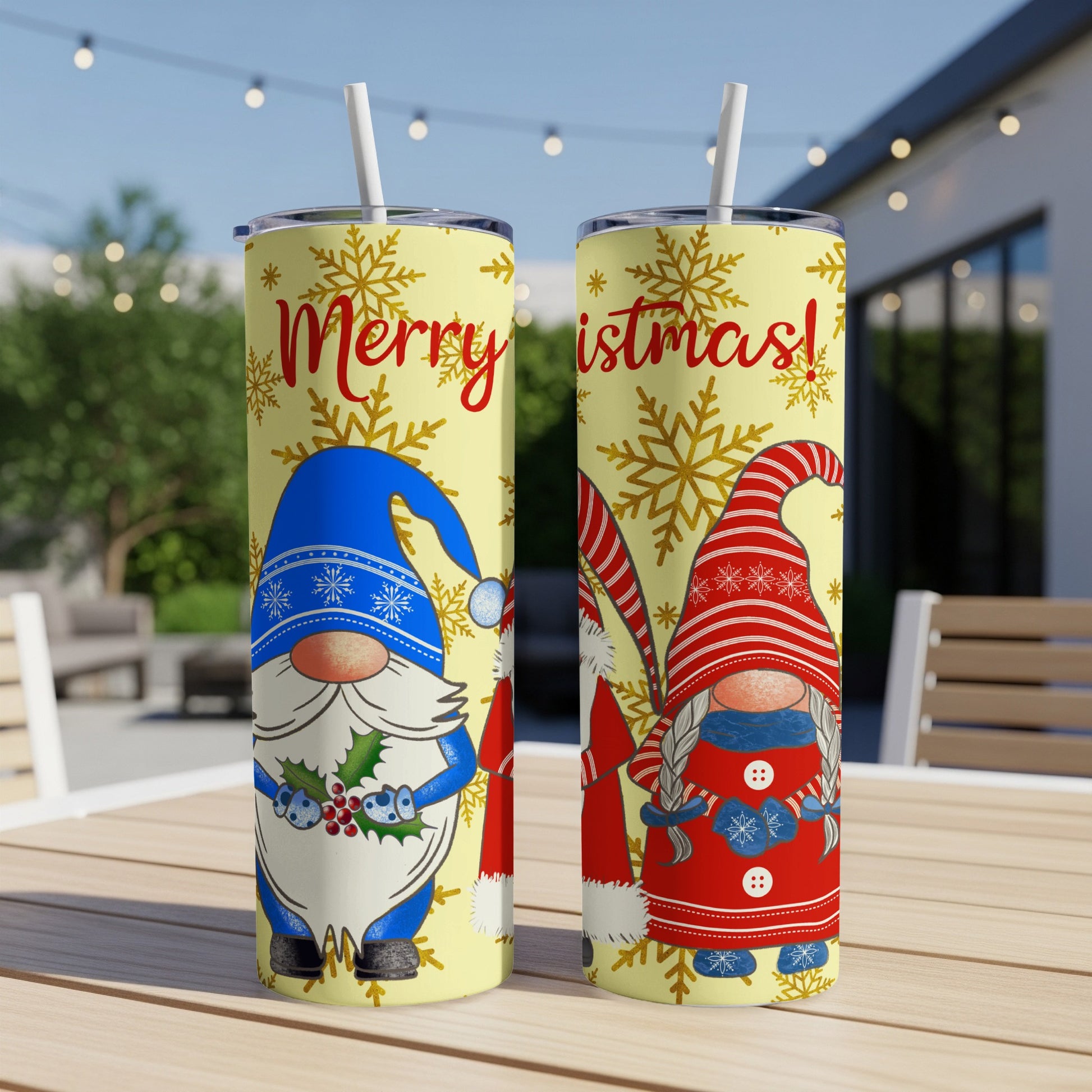 Two Christmas gnomes on yellow background with "Merry Christmas!" text.