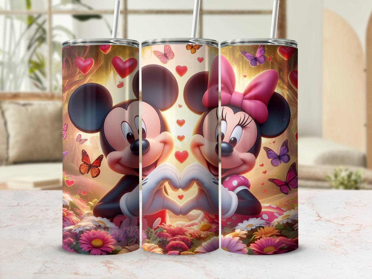 Mickey and Minnie Heart and Butterflies Tumbler Design