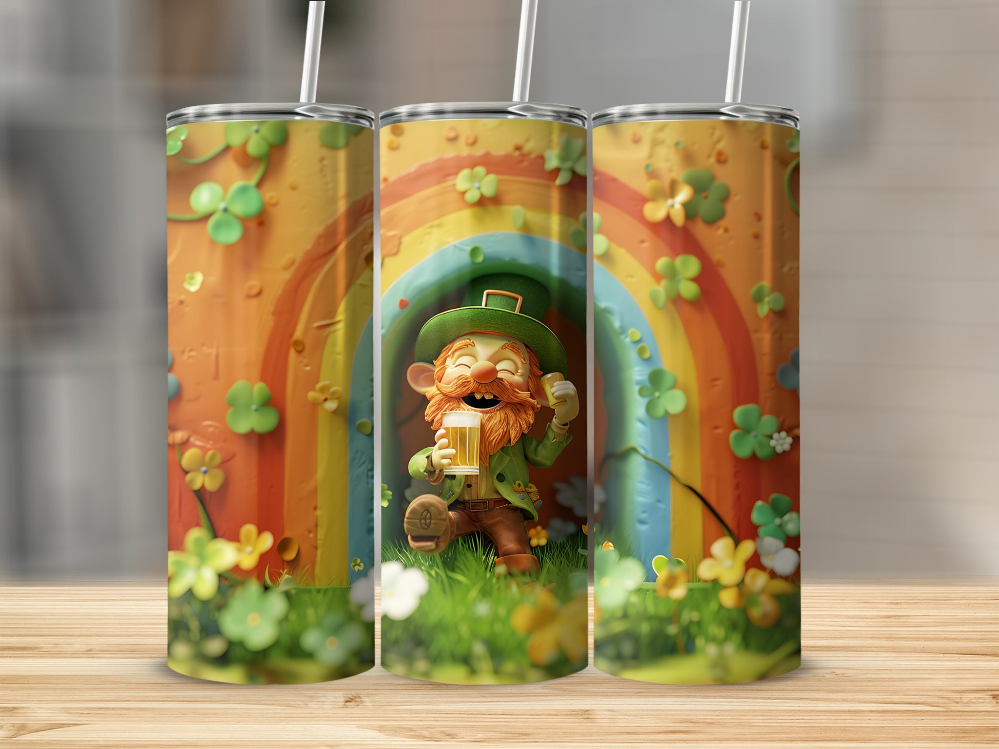 Leprechaun holding a beer mug in front of a rainbow and clover backdrop.