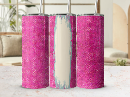 Pink glitter tumbler with a pale blue and tan abstract design in the center.