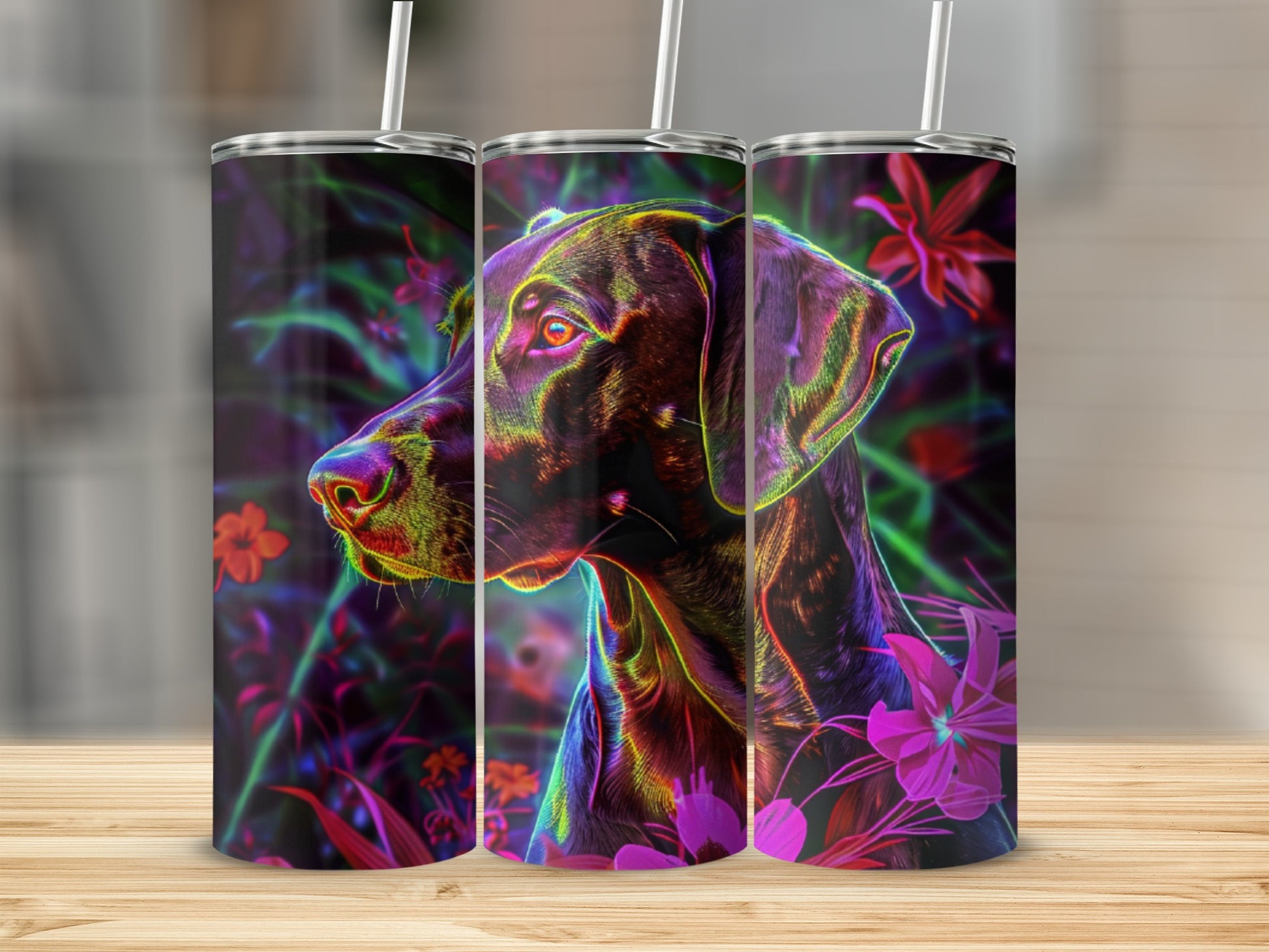 Black dog portrait with vibrant neon floral background on three tumblers.