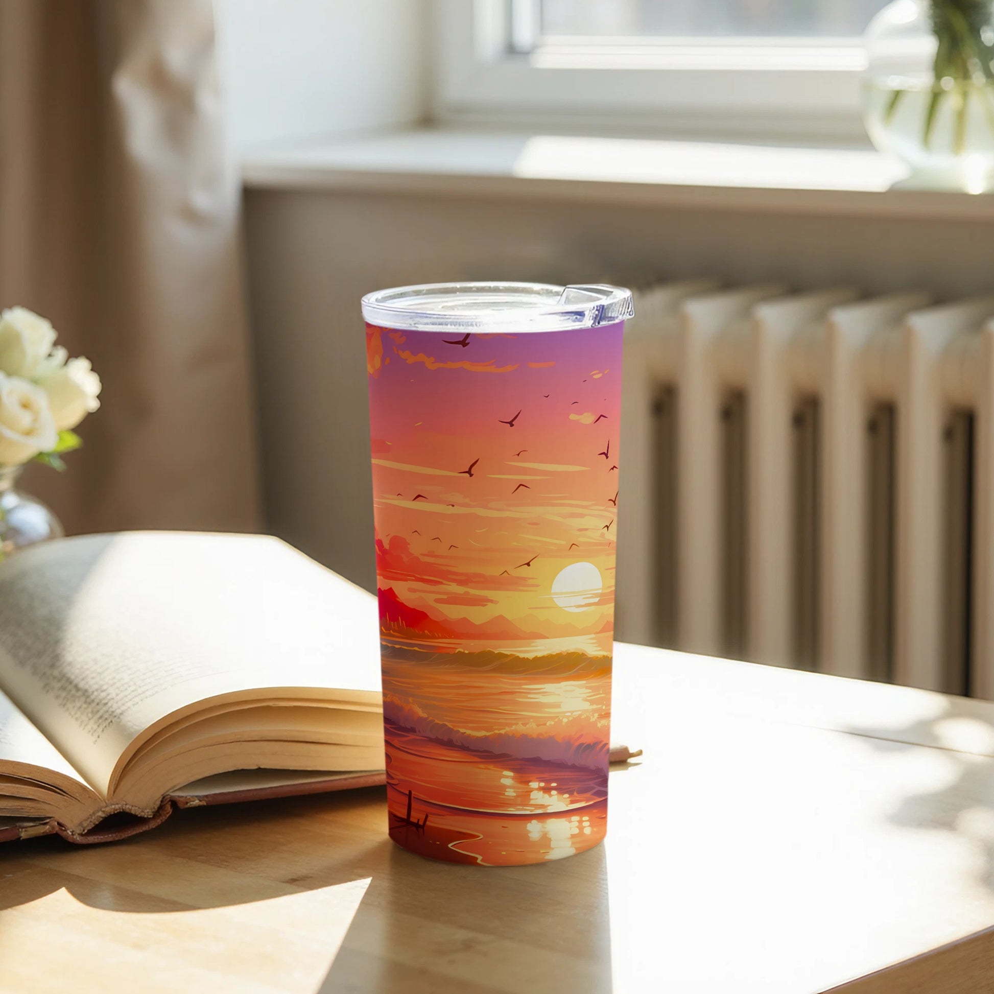 Vibrant Sunset Beach Ocean Waves Flying Birds Tumbler product type