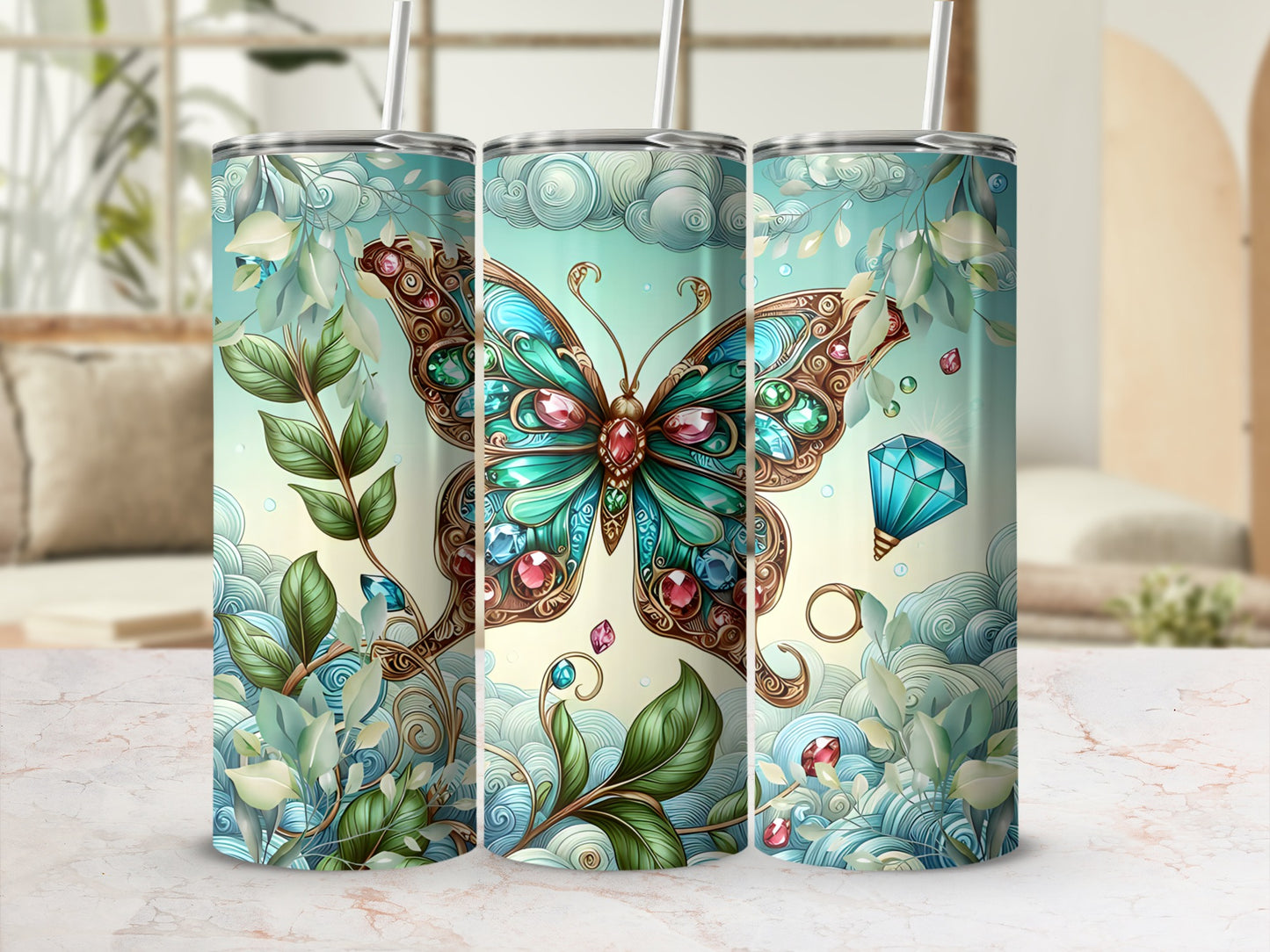 Jeweled butterfly on floral background with swirling clouds and gems.