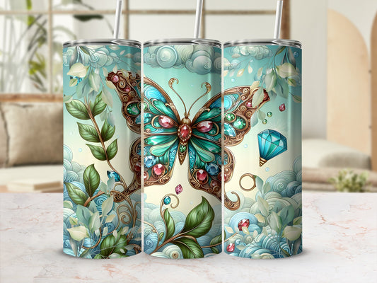 Jeweled butterfly on floral background with swirling clouds and gems.