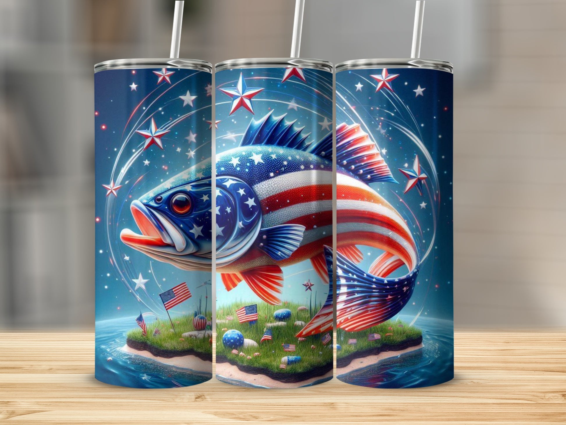 American flag bass on island with stars and small flags.