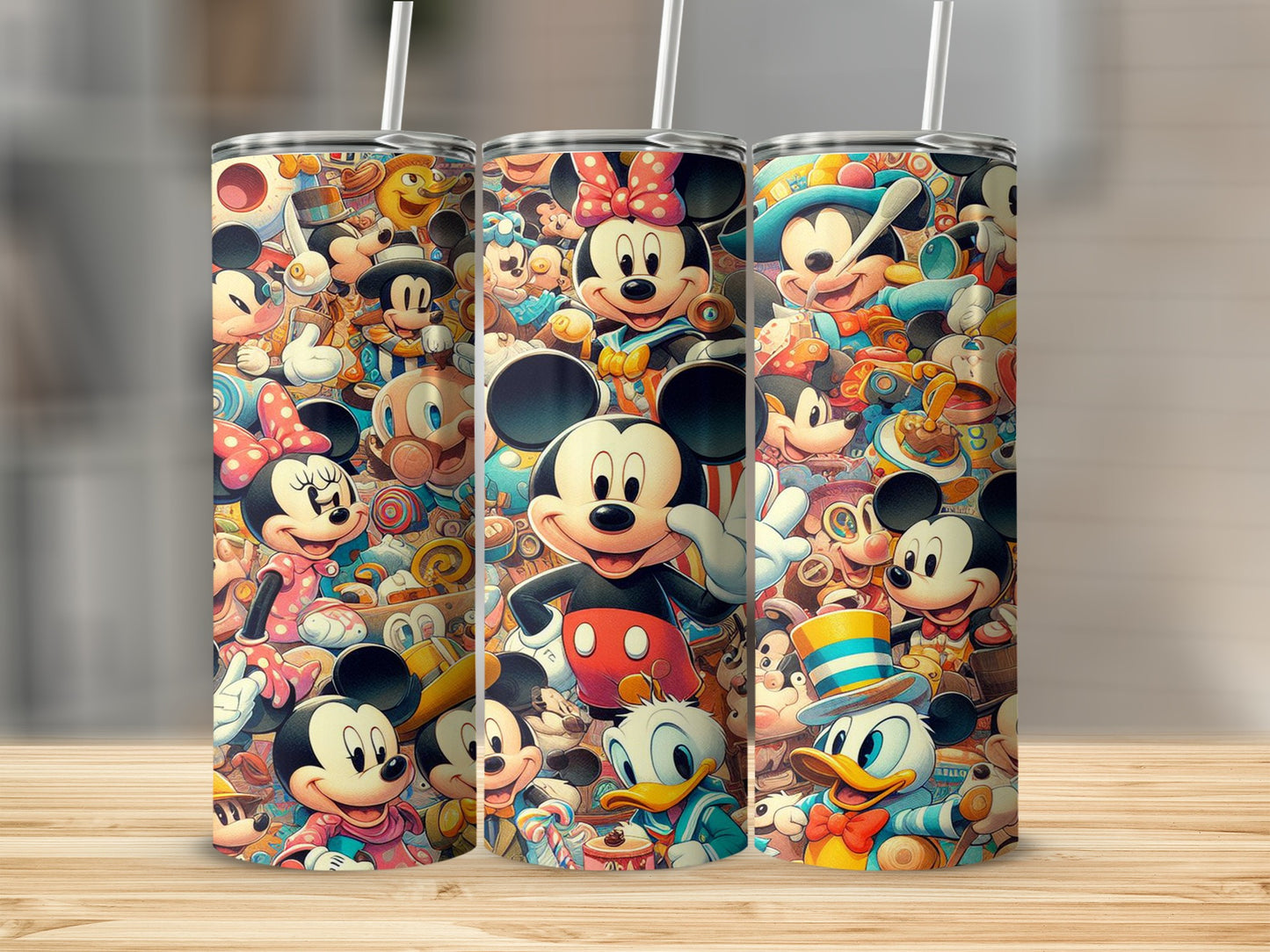 Mickey Mouse and friends collage on a tall, cylindrical tumbler.