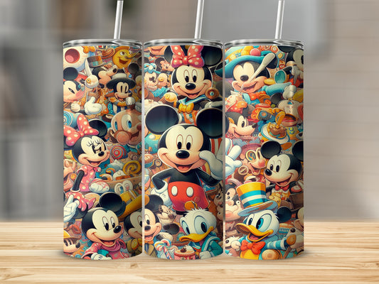 Mickey Mouse and friends collage on a tall, cylindrical tumbler.