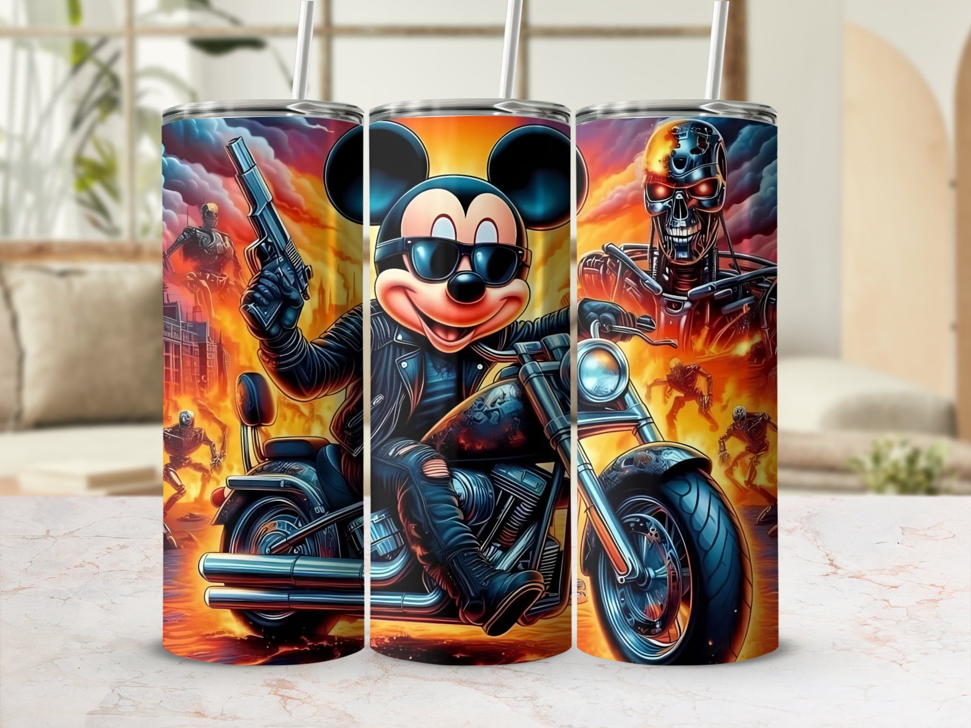 Cool Biker Mouse and Terminator Design Tumbler Cup