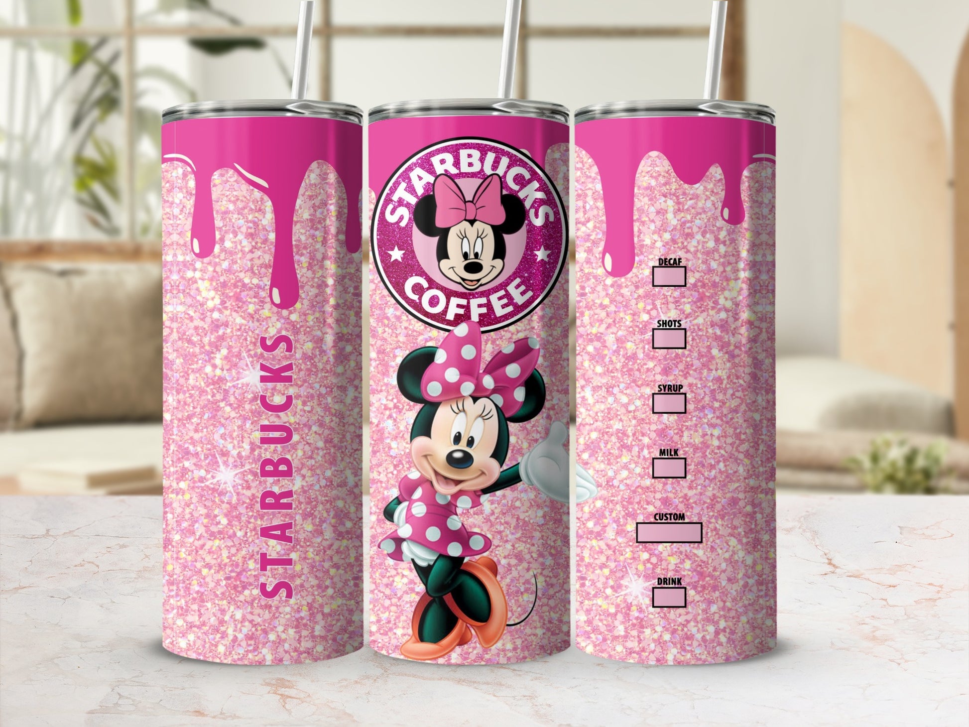 Pink Glitter Minnie Starbucks Design Tumbler with Straw