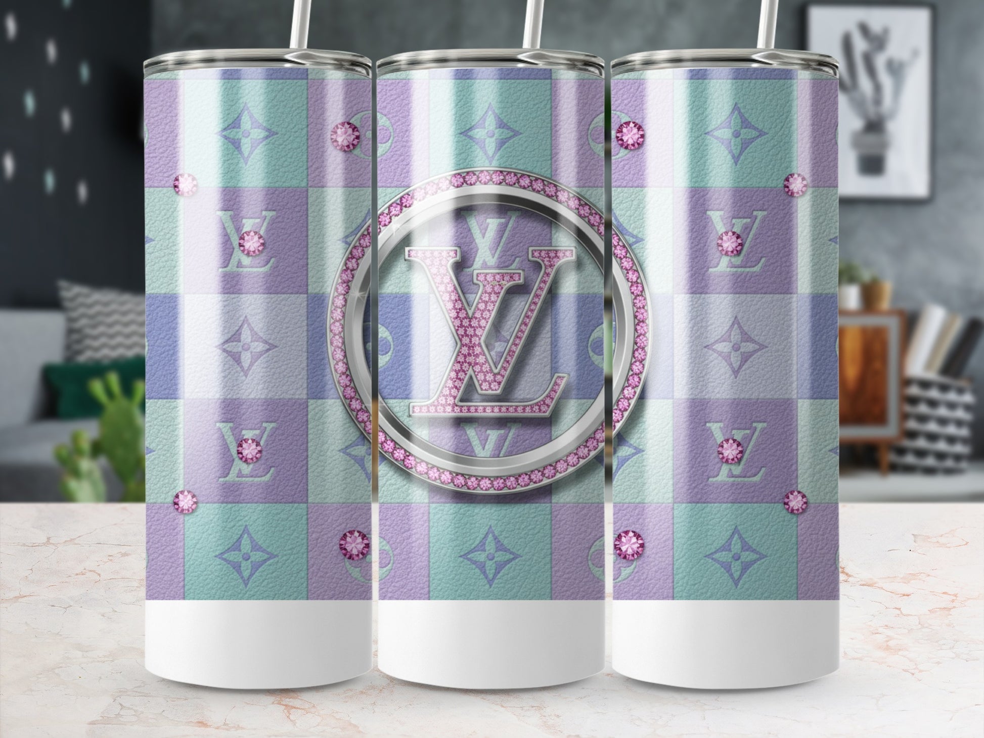 Pastel Checkered LV Diamond Pattern Tumbler Cup Design