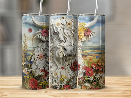 White Highland cow with flowers on a tumbler.