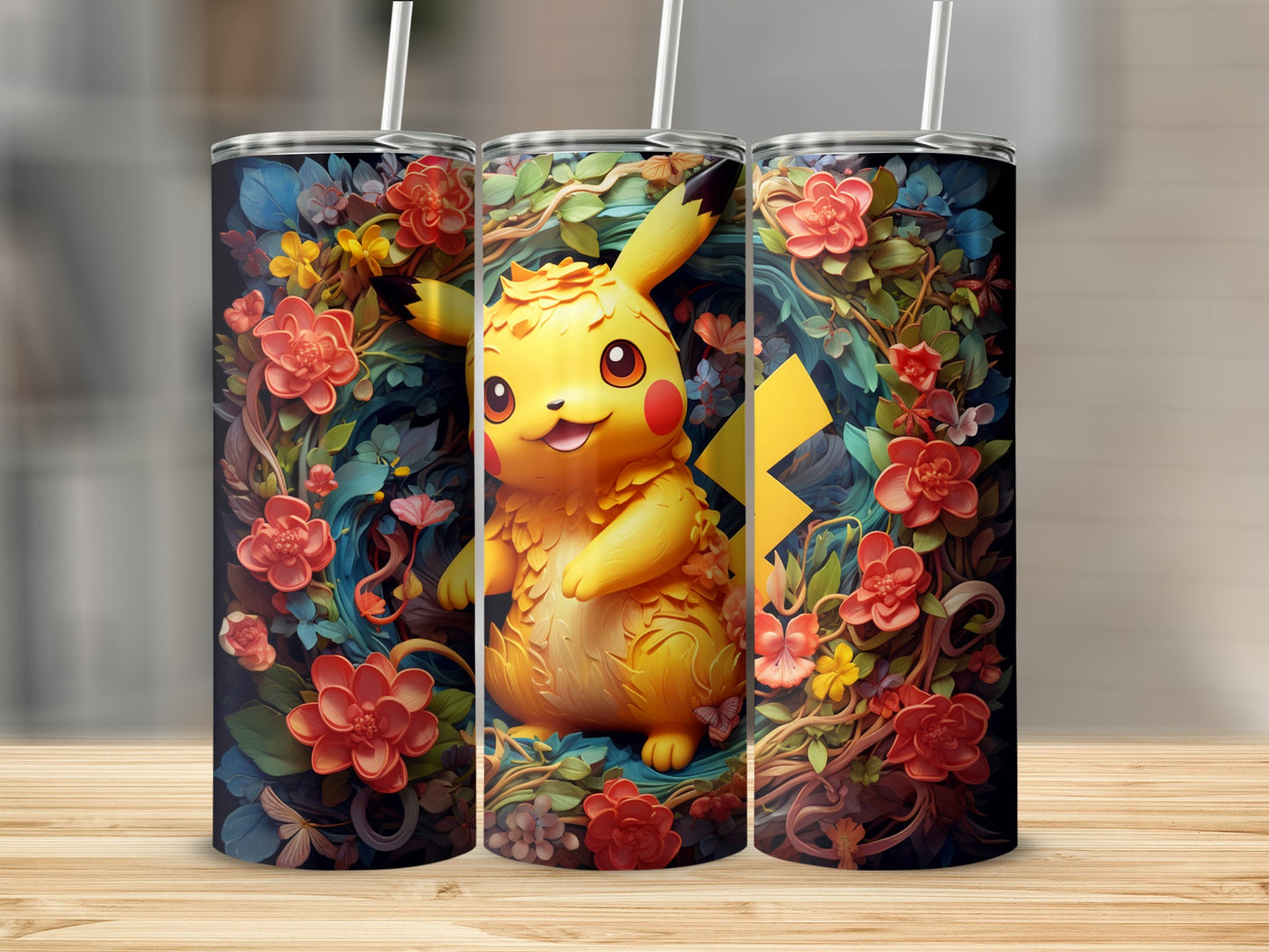 Pikachu Surrounded by Colorful Flowers Tumbler Cup