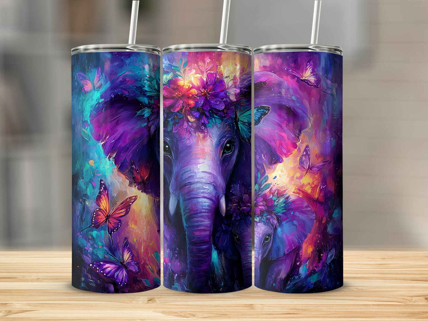 Colorful Elephant and Butterflies Tumbler Cup Design