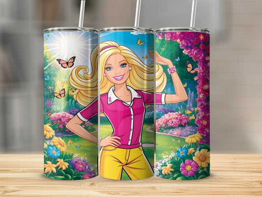 Barbie in a pink shirt and yellow pants in a blooming garden with butterflies.