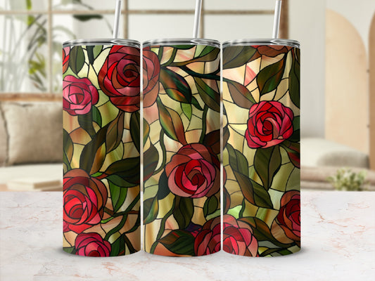 Three tumblers with a stained glass rose floral pattern.