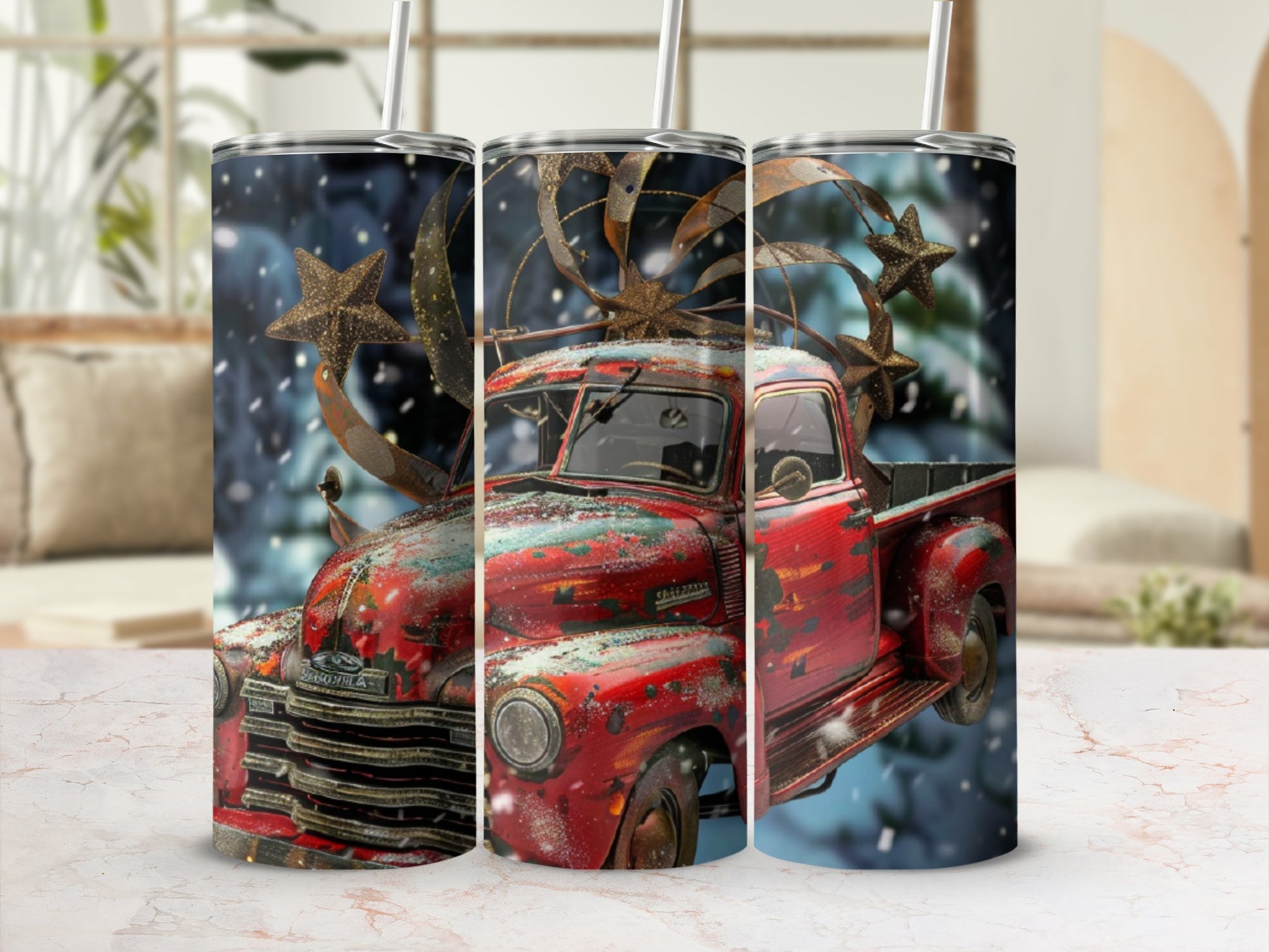 Vintage red truck with stars and snow on a textured background.