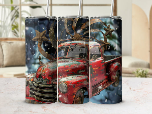 Vintage red truck with stars and snow on a textured background.