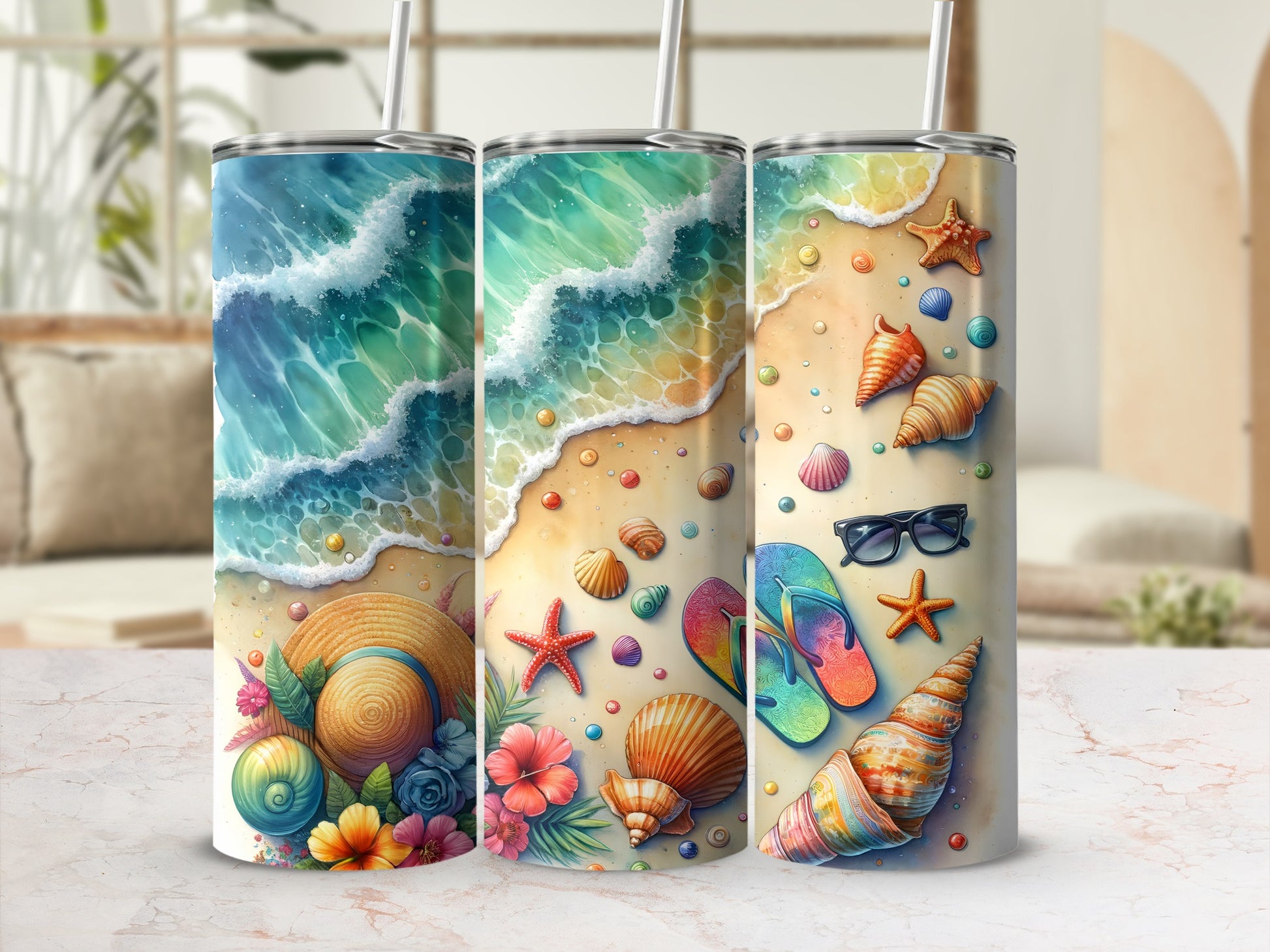 Beach scene with seashells, straw hat, flip-flops, and sunglasses on tumblers.