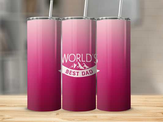 Pink gradient tumbler with "World's Best Dad" text and mountain graphic.