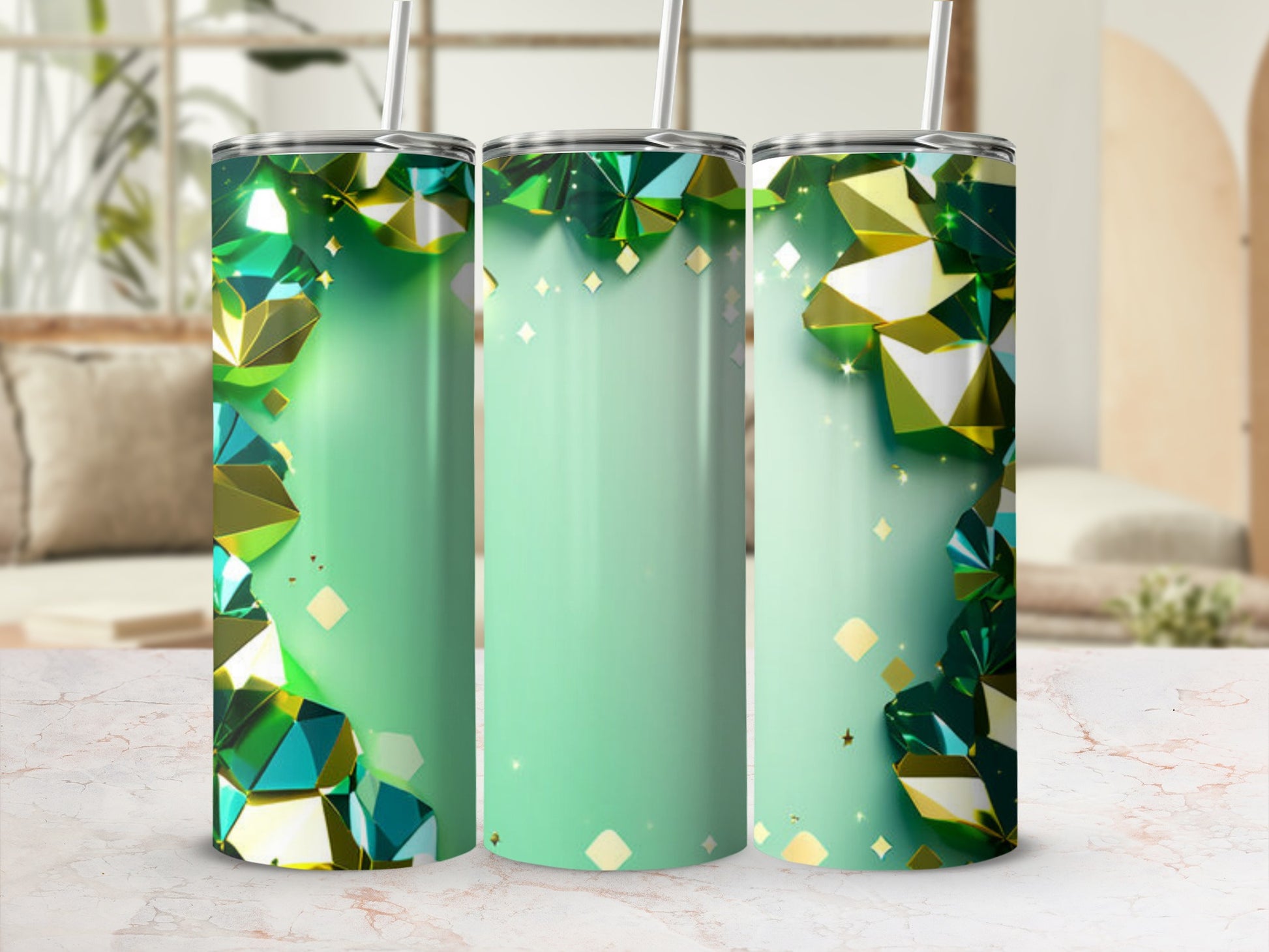 Green gemstone pattern on a mint green tumbler with straw.