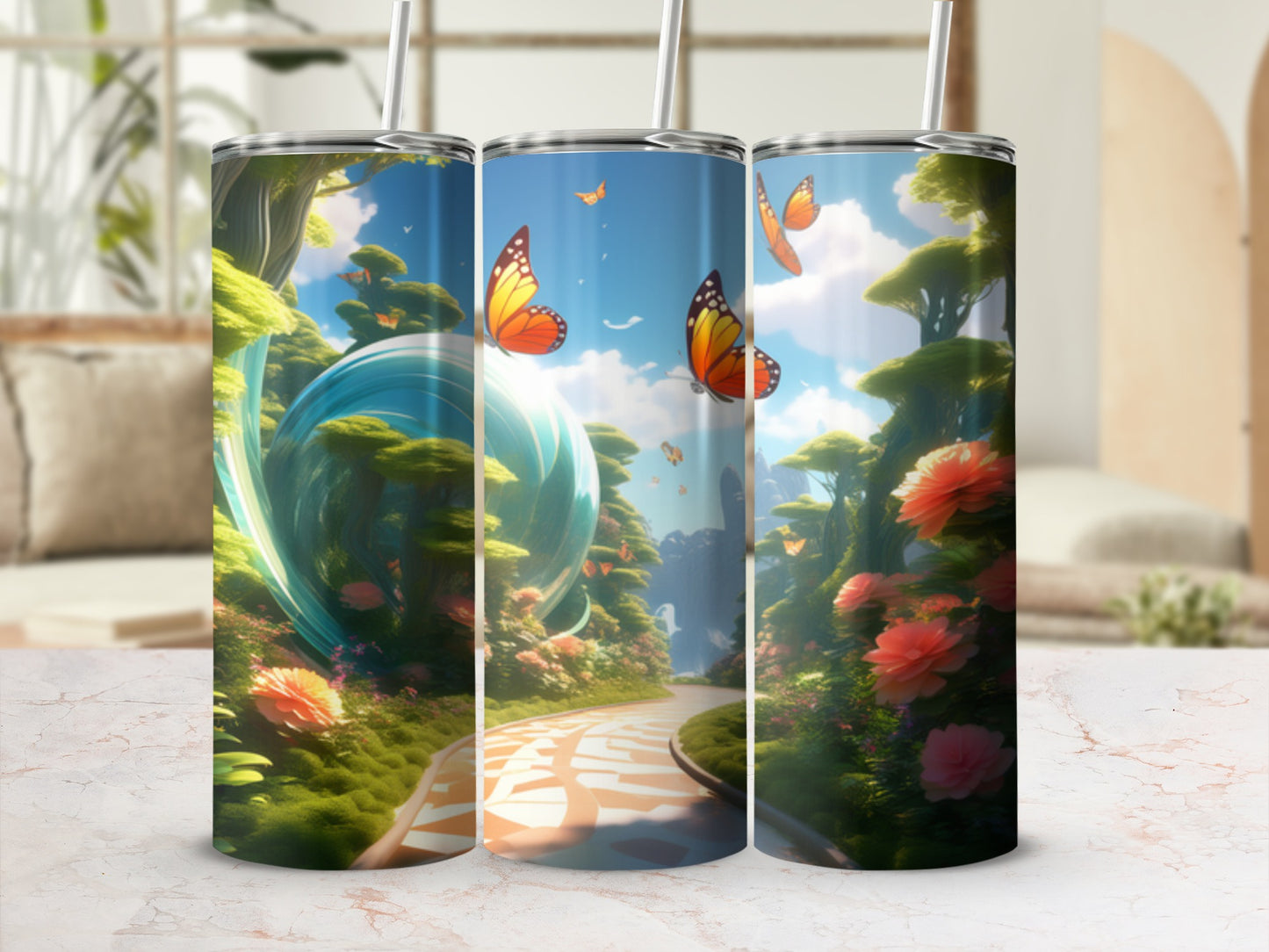 Fantasy landscape with butterflies, flowers, and a winding path.