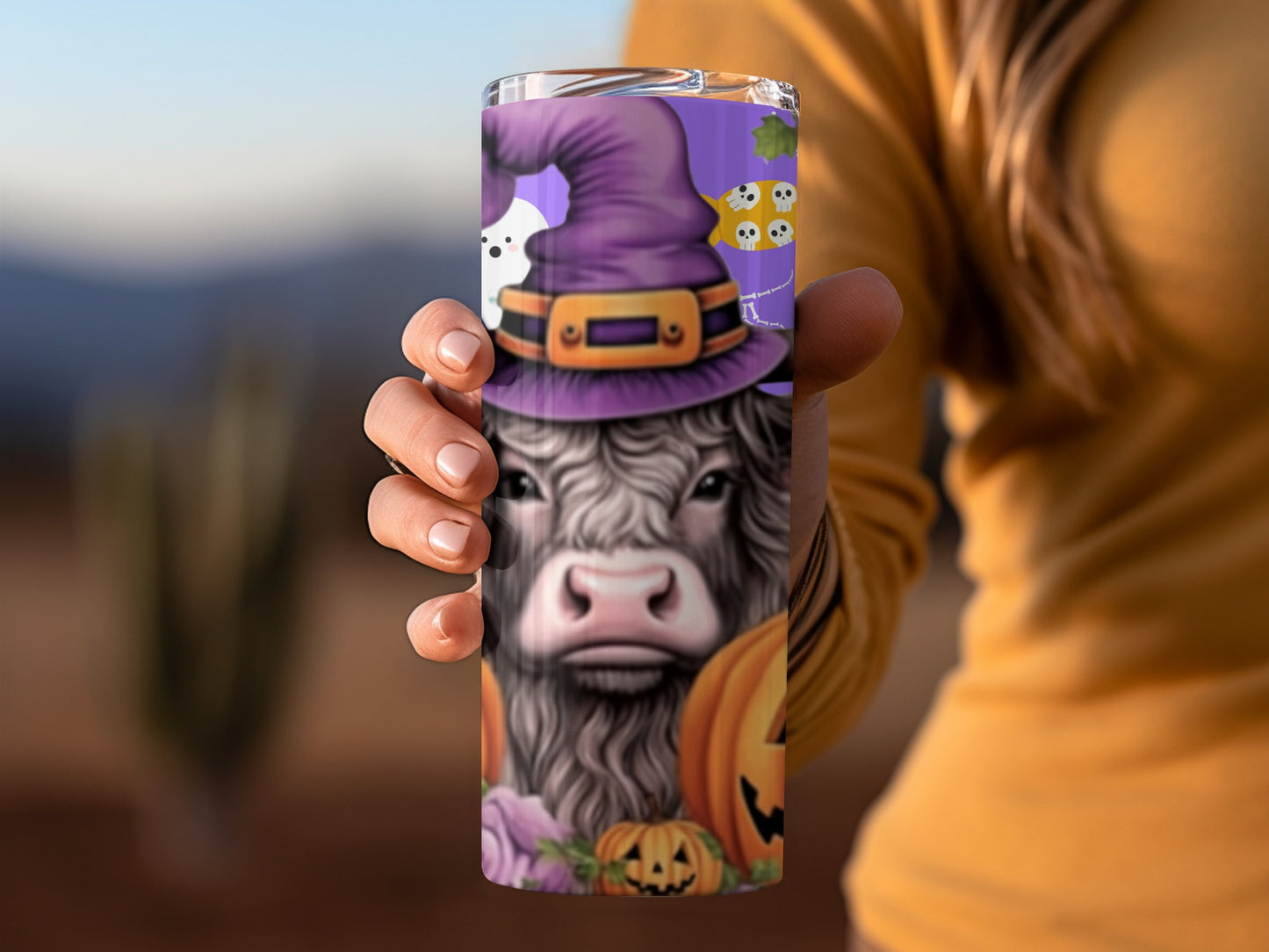 Funny Highland Cow with Halloween Decorations Tumbler