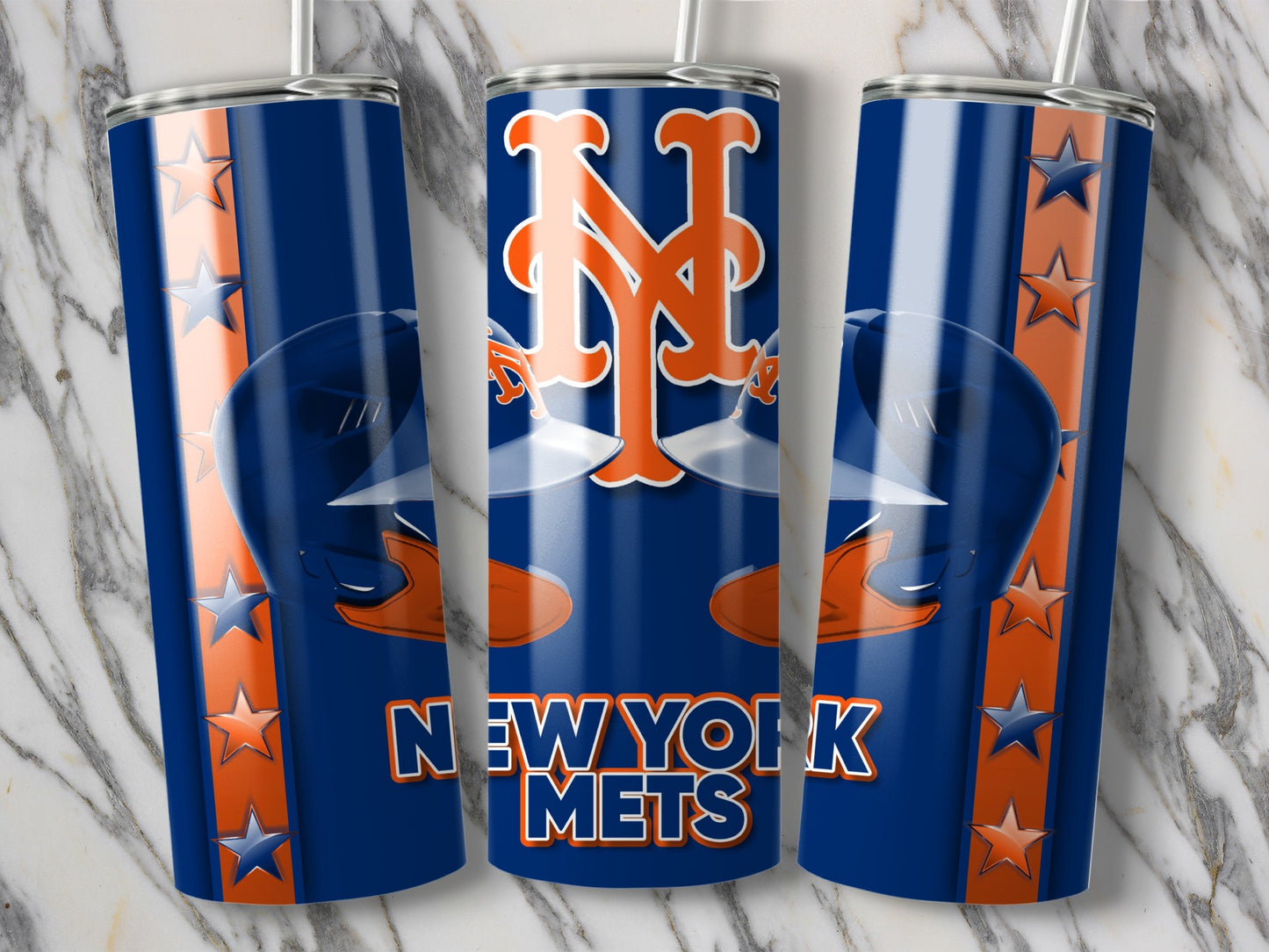 New York Mets Helmets Graphic on Blue Background Tumblers