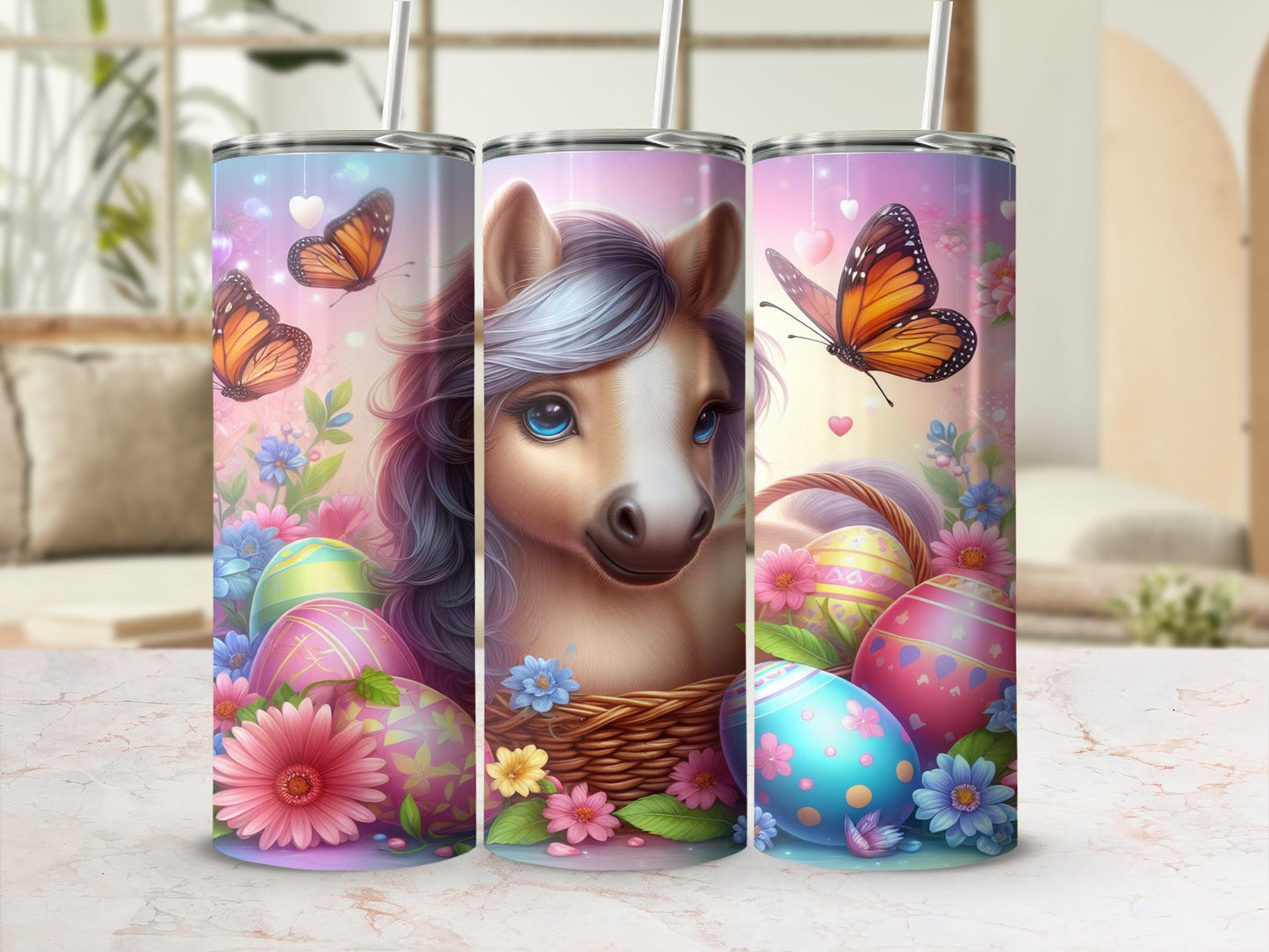 Unicorn-themed tumbler with Easter eggs, flowers, and butterflies.