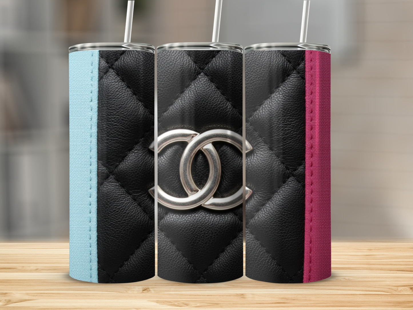 Black Quilted Design With Silver Logo and Colorful Borders Tumbler