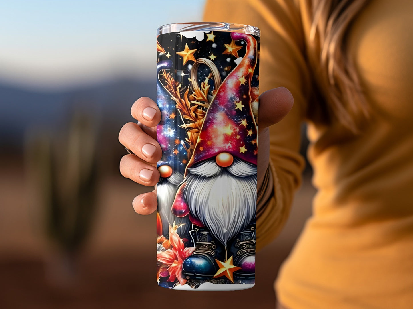 Festive Gnome Art with Stars Tumbler Drinkware