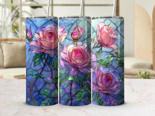 Three tumblers with a stained glass rose design.