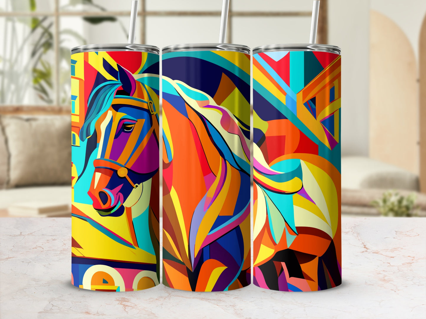 Vibrant Abstract Horse Design Tumbler Set for Drinks