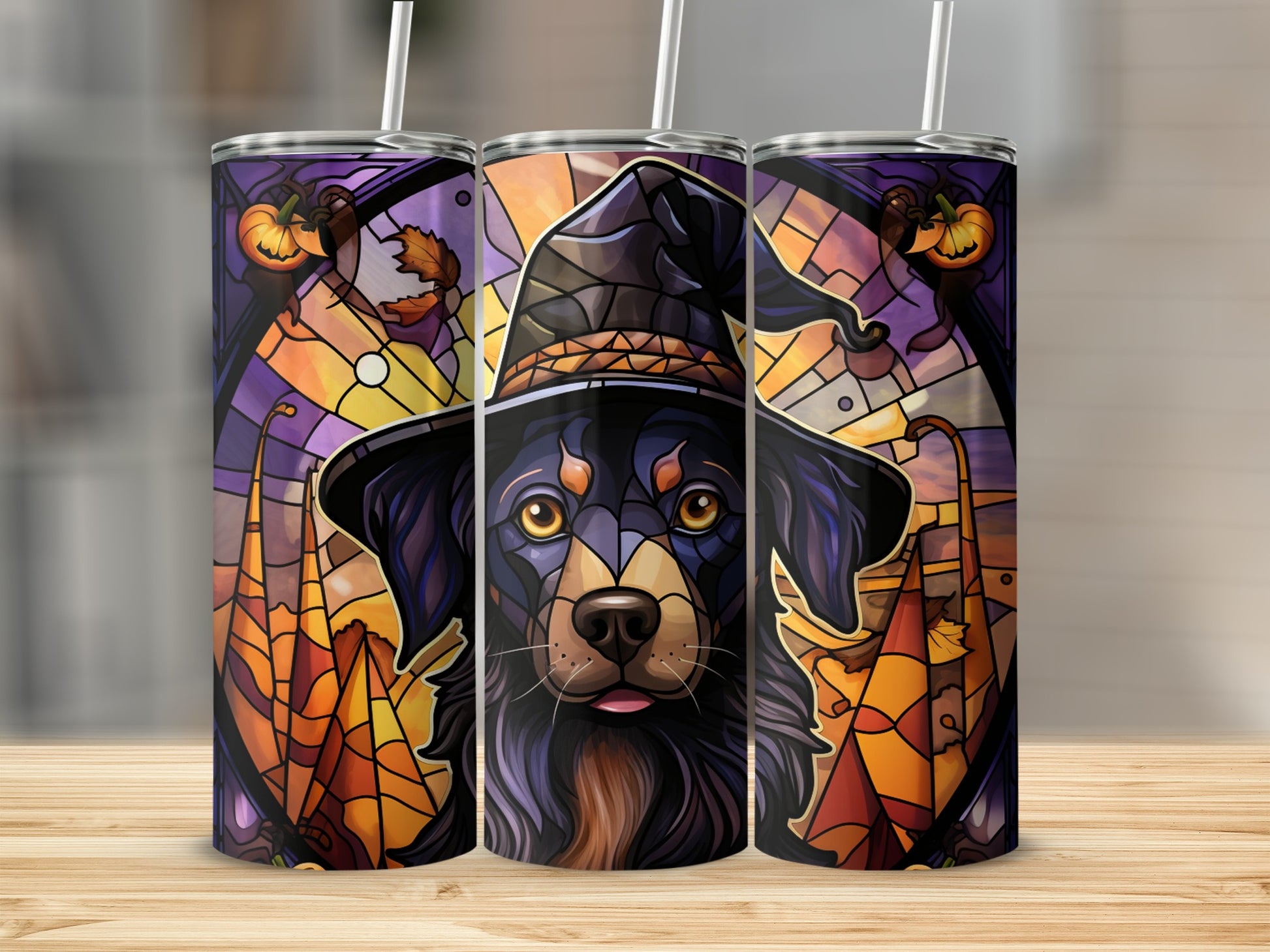 Stained glass dog with witch hat and autumn leaves on Halloween tumbler.